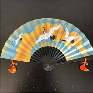 Asian Decorative Metal Crane Fan Wall Art